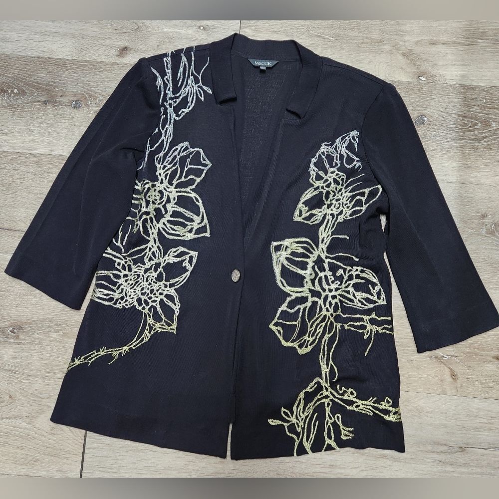 MISOOK Embroidered One Button Knit Suit Jacket Black Shoulder Padded Size L